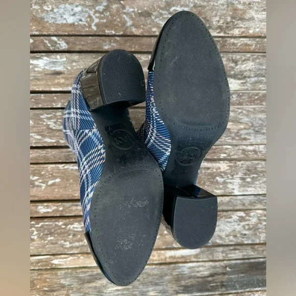 1901 Plaid Heeled Bootie w/ Black Patent Leather: Blue/Pink/Silver, size 6.5 - Picture 9 of 10